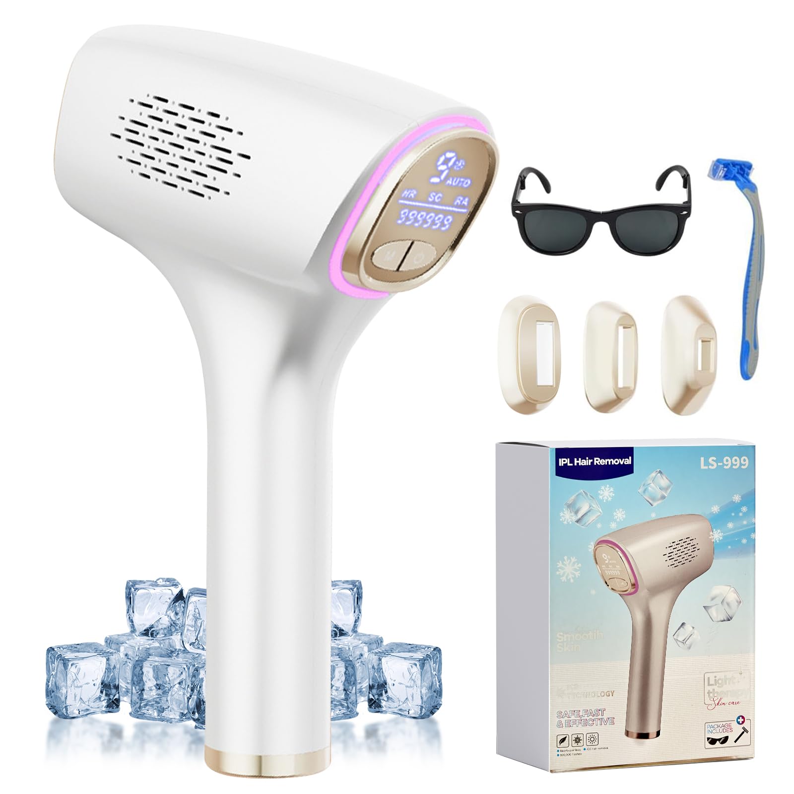 3 en 1 Depiladora Laser con Función de Refrigeración, 570NM-1200NM, Depiladora Luz Pulsada, Pantalla Táctil LCD, 999,999 Flashes, 9 Niveles de Energía, HR/SC/RA Mode, para Facial, Axilas,Brazos