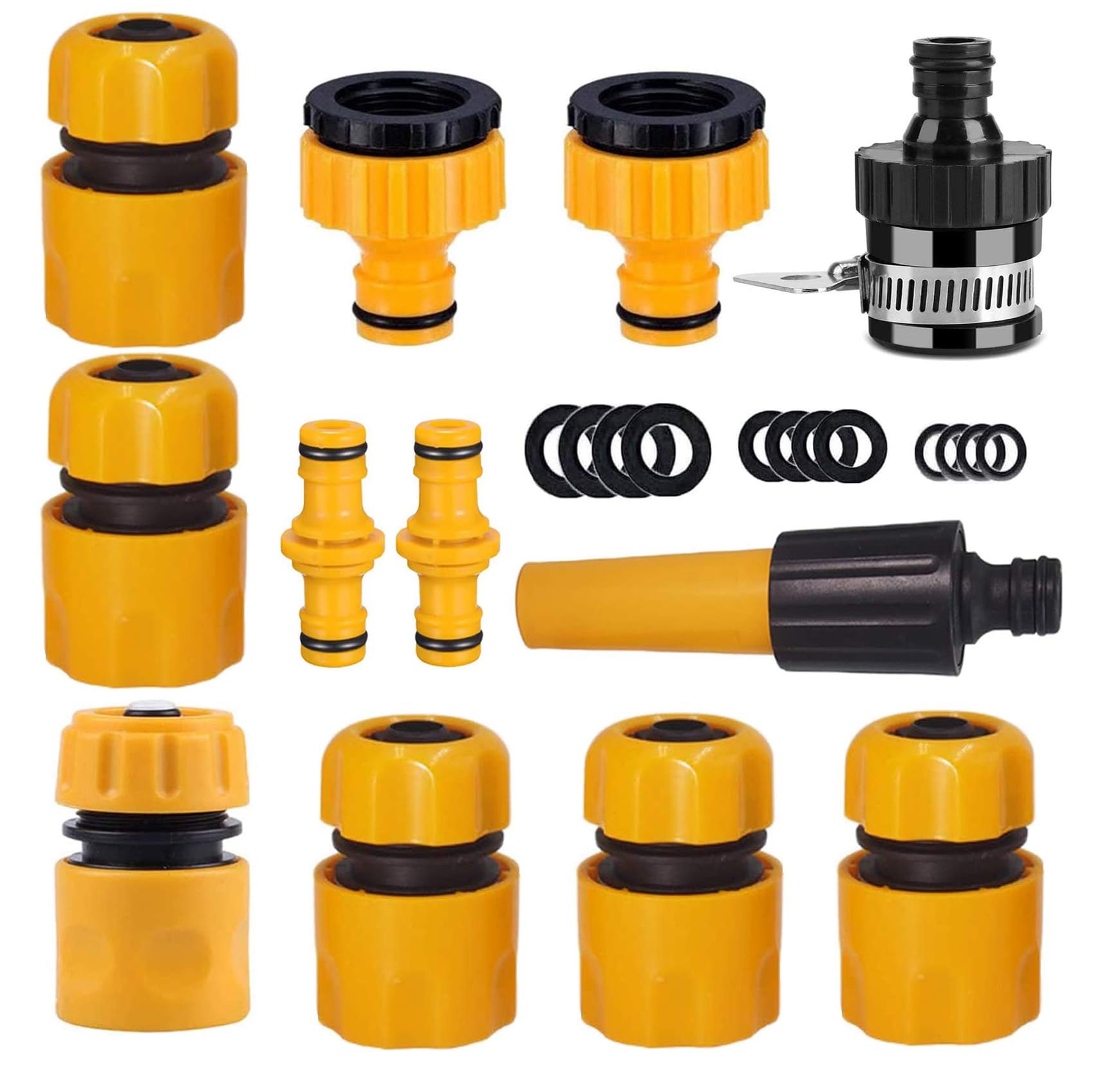 Garden Hose Connector Set,Quick Connect Fittings Kit,1Nozzle,5 Hose End Quick Connector,1Hose Waterstop Accessory,2 Double Male Snap Connector,2 HosePipe Tap Fitting1/2 Inch and3/4 Inch (Yellow-15pcs)