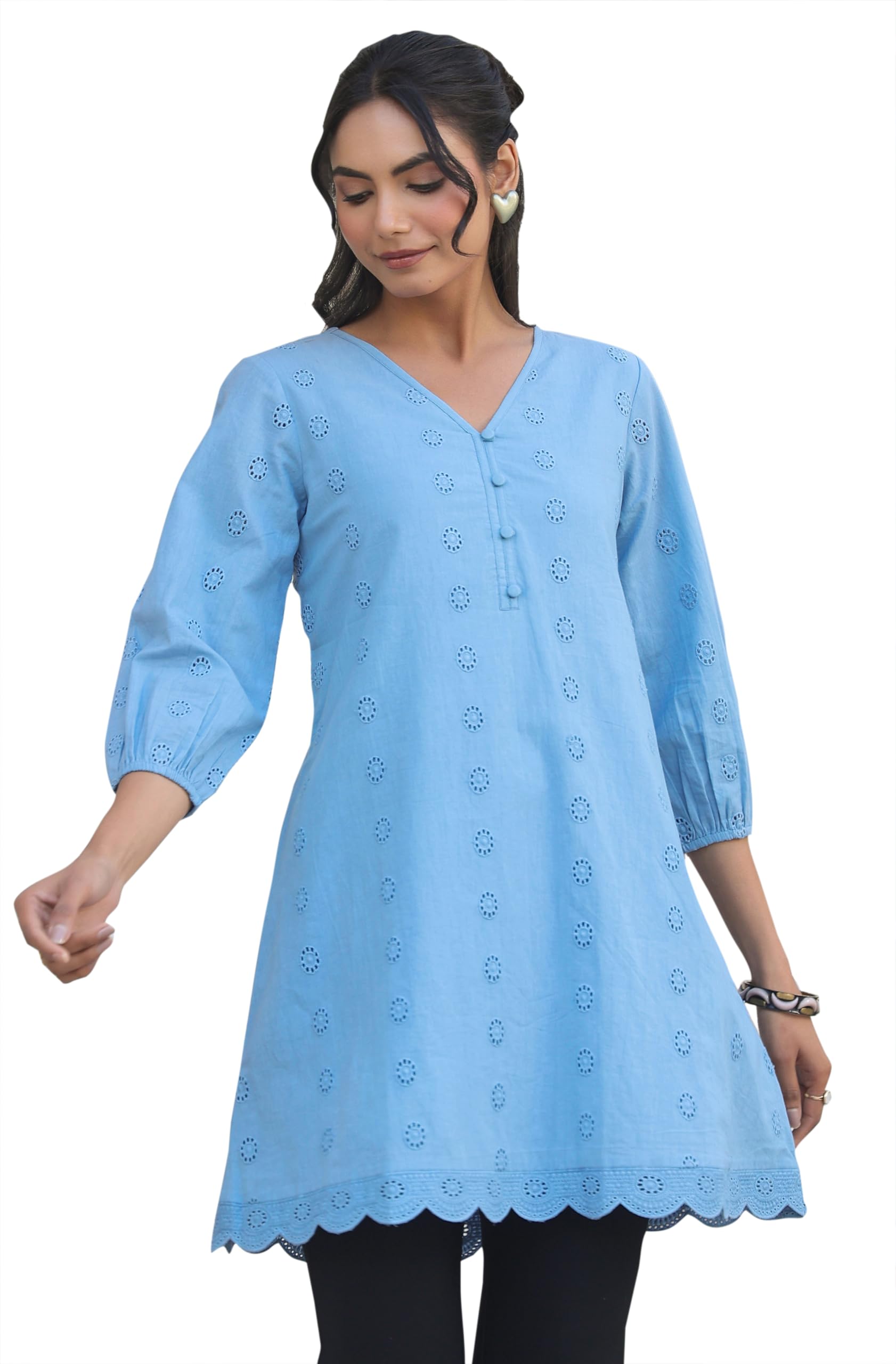janasya Women's Light Blue Pure Cotton Schiffli Embroidered A-line Tunic-picture-16