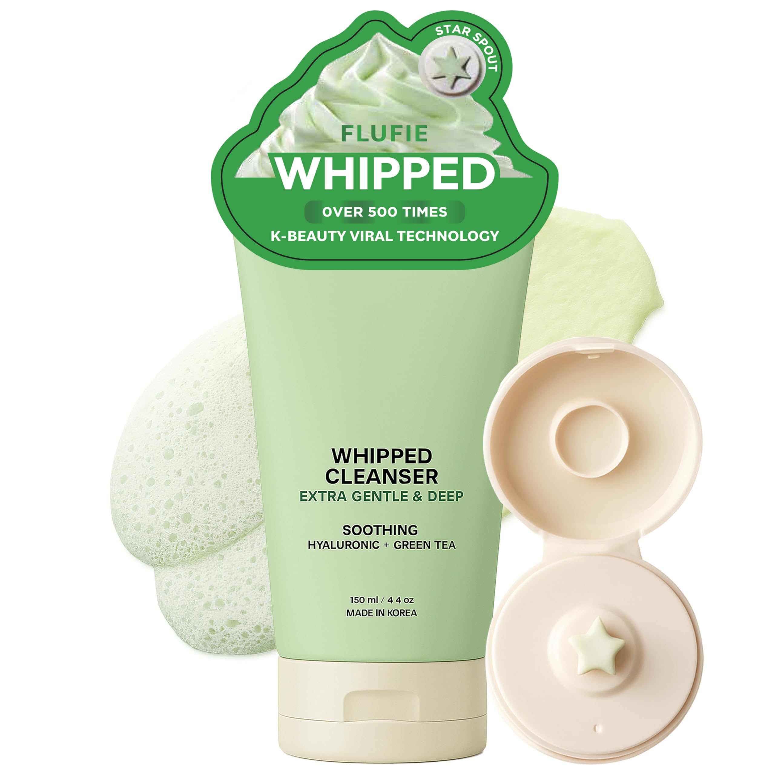 Flufie Whipped Facial Cleanser with Hyaluronic Acid & Green Tea – Deep Hydration & Gentle Pore Care – Dermatologist Tested, Anti-Aging, Korean Skin Care – Vegan, Cruelty-Free, Paraben-Free – 4.4 oz
