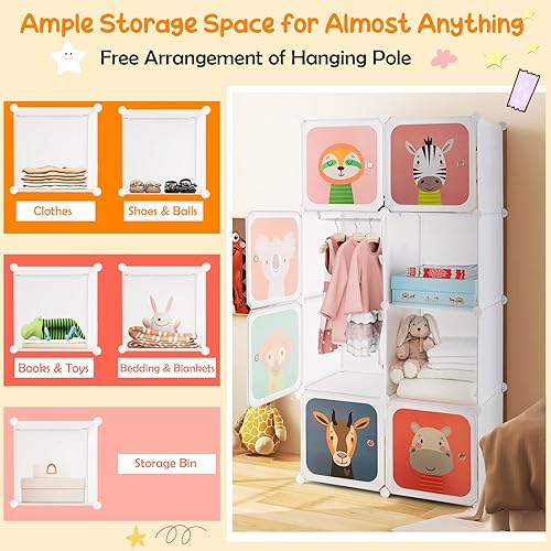 Miniatura 69 de HONEY JOY Armario para niños, organizador de almacenamiento de ropa de dibujos animados para bebés, 8 cubos y 2 secciones para colgar, armario