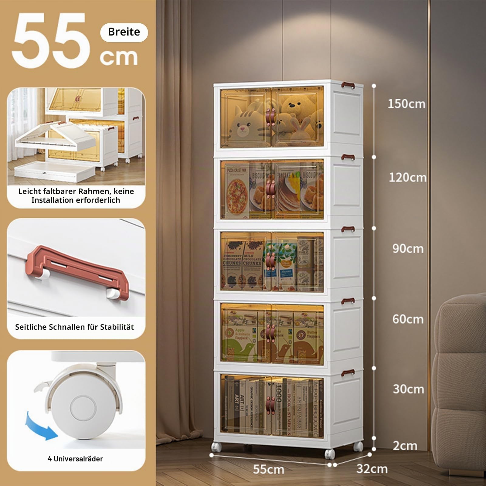 DreamHaven Faltbare Aufbewahrungsboxen mit Türen stapelbare Aufbewahrungsboxen aus Kunststoff und Rädern Aufbewahrungsbox Organizer für Schlafzimmer Badezimmer Küche Wohnzimmer，5-stöckige
