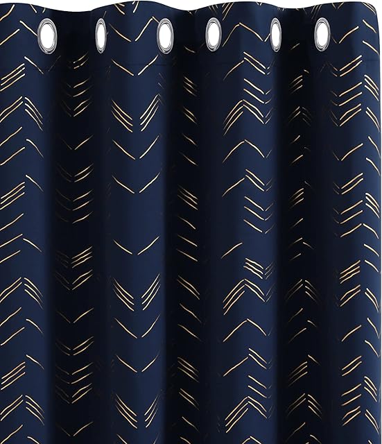 Amazon Brand - Umi Foil Printed Golden Line Blackout Curtains Thermal Insulated Window Eyelet Curtains Bedroom Curtains for Living Room 66 x 72 Inch Navy Blue 2 Panels