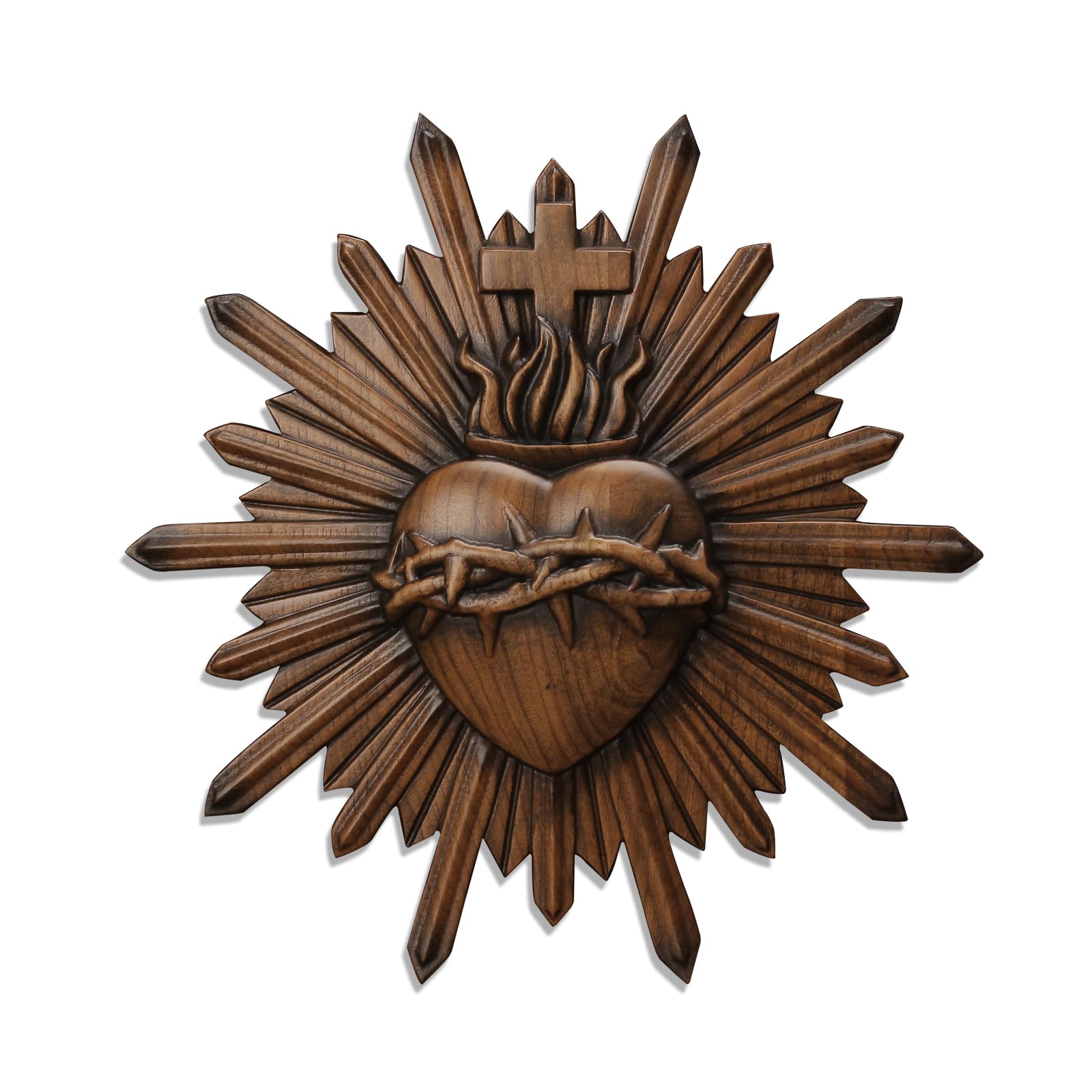 QIADGE Hand-Carved Sacred Heart of Jesus Wooden Wall Decor – Religious Art Hanging, Catholic Home Decoration, 14-Inch Spiritual Gift
