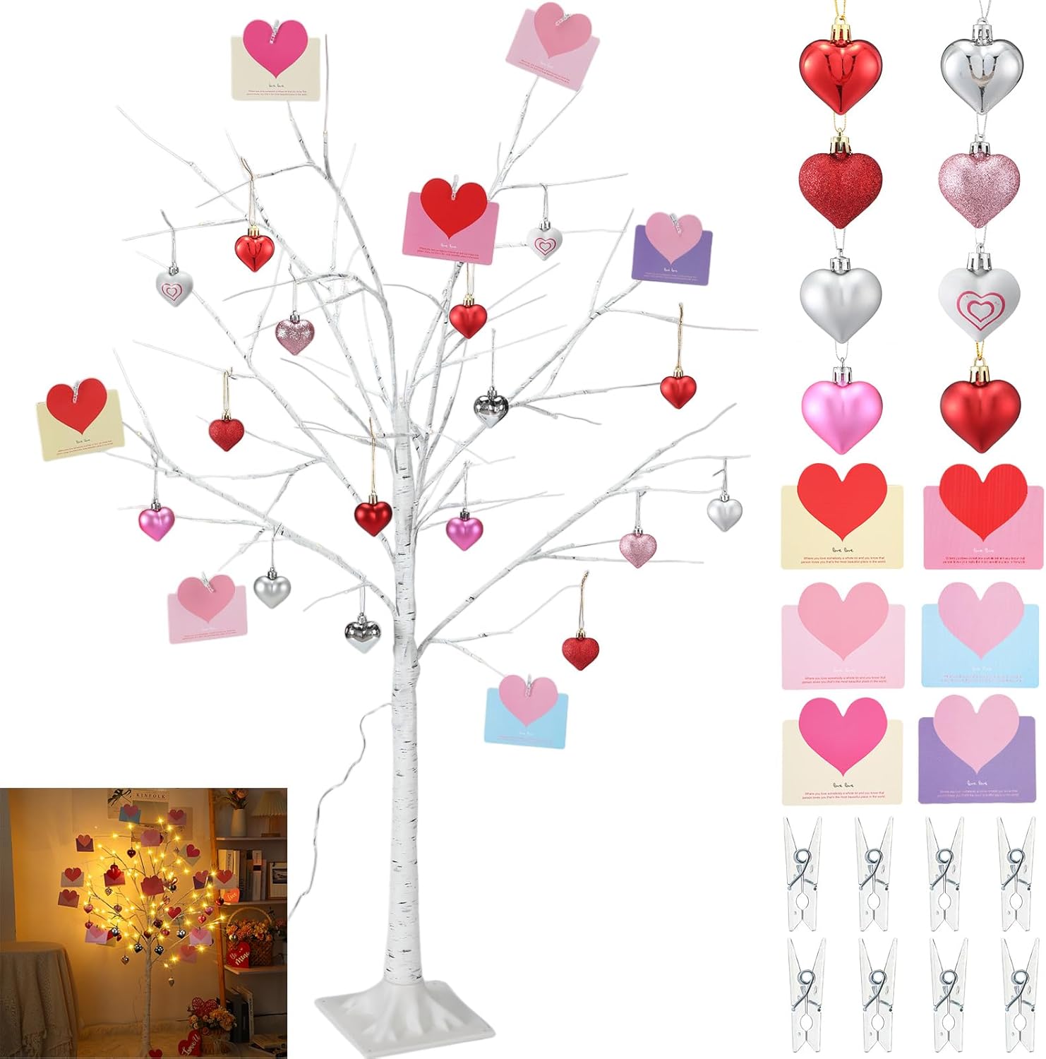4 ft Large Valentines Day Decor 48 Inch Lighted Valentines Day Tree with 24 Heart Berry Ornaments 64 LED Red Pink Lights Artificial Birch Tree for Valentines Day Gift Indoor Home Decoration