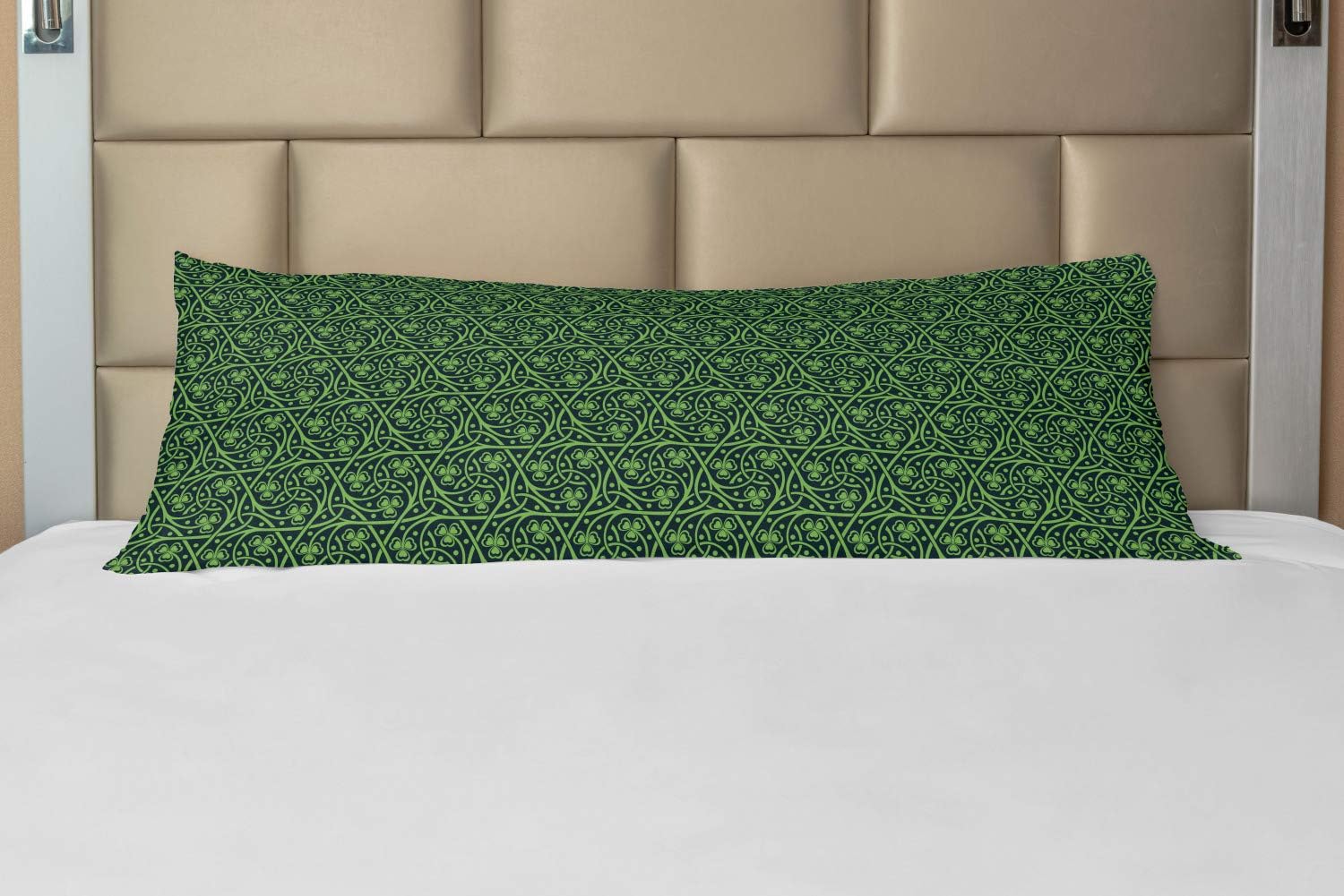 Ambesonne Irish Body Pillow Case Cover with Zipper, National Foliage Pattern Intricate Twigs and Dots Trefoil Botanical Abstraction, Decorative Accent Long Pillowcase, 21" x 54", Black Lime Green