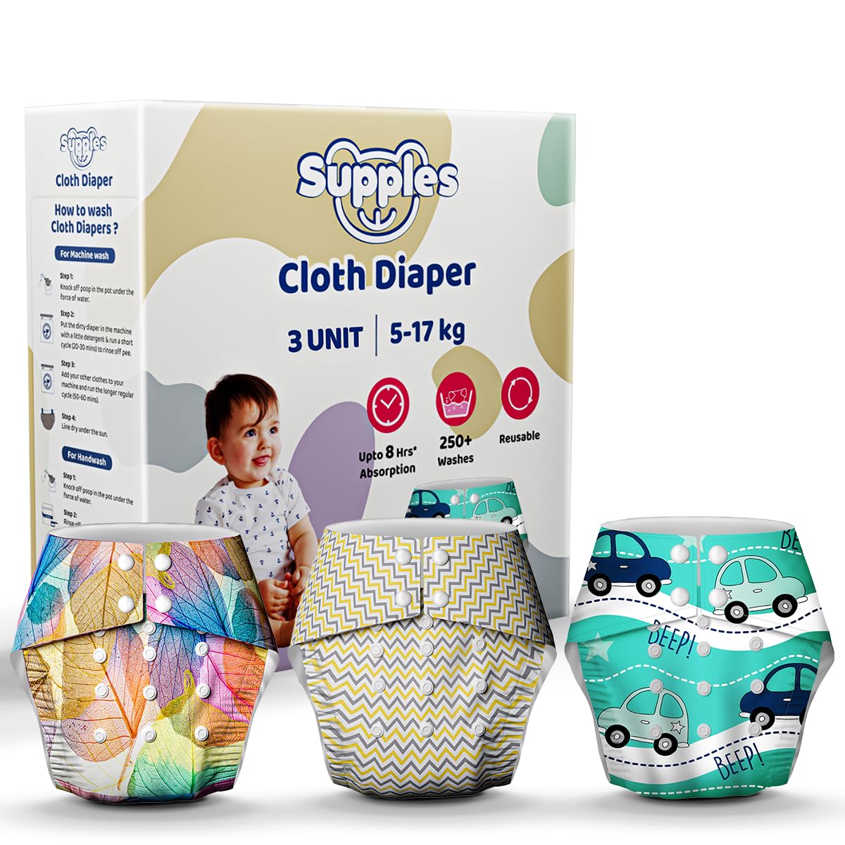 Amazon Brand - Supples Washable and Reusable Free Size Cloth Diapers comes with 3 inserts + 3 Extra Breathable Booster Pads|3M to 3Y (Pack of 3)