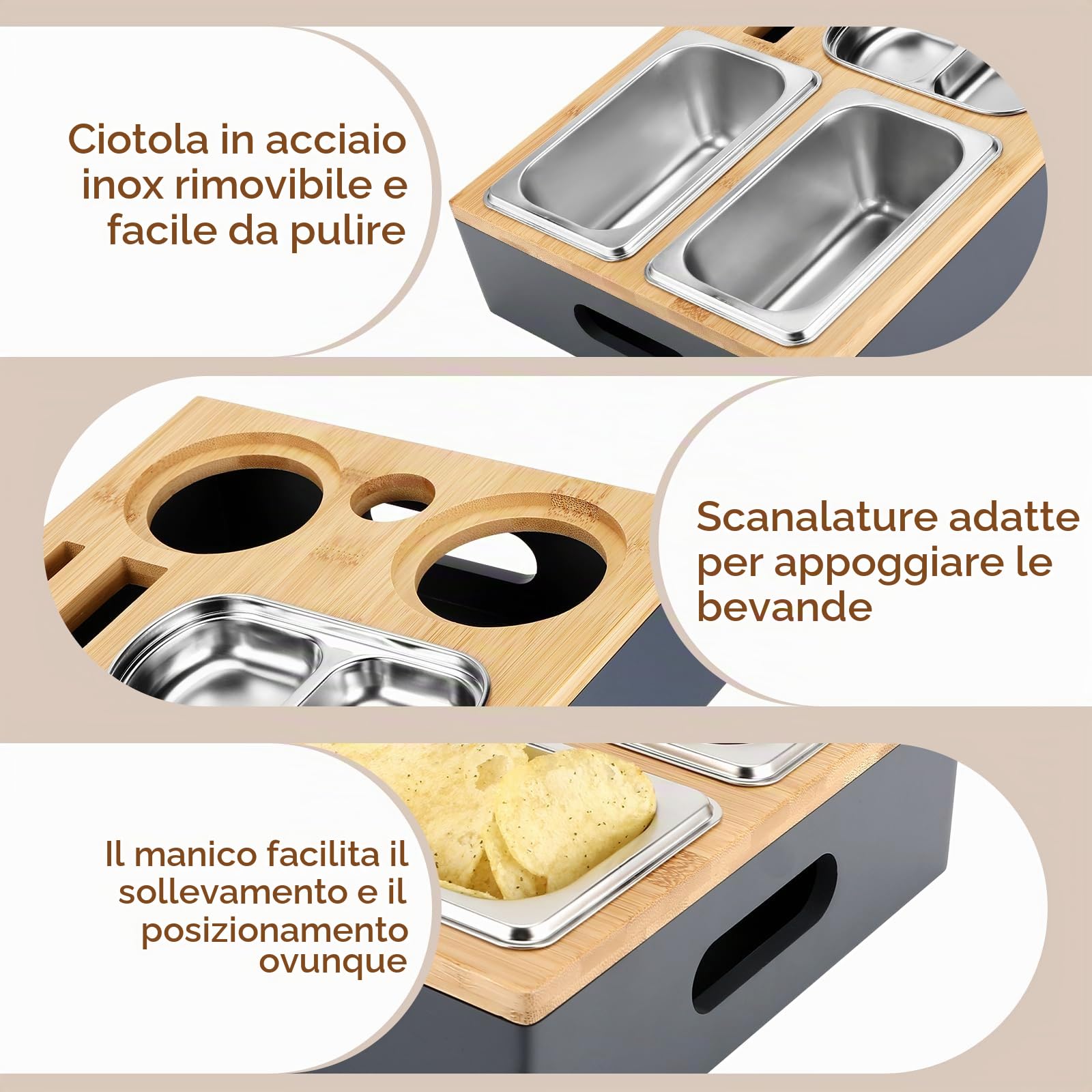 Collazoey Snackbox da Divano, con Contenitori per Snack in Acciaio Inox, con Coperchio Rimovibile, Vassoio da Divano, Supporto per Divano per Soggiorno, Camera da Letto, Giardino, Campeggio