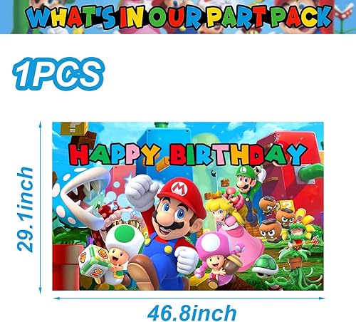 Miniatura 2 de 1 pancarta de decoración de fiesta de Mario para niños, fiesta de cumpleaños, accesorios para cabina de fotos de Mario (4.16 x 2.3 pies)