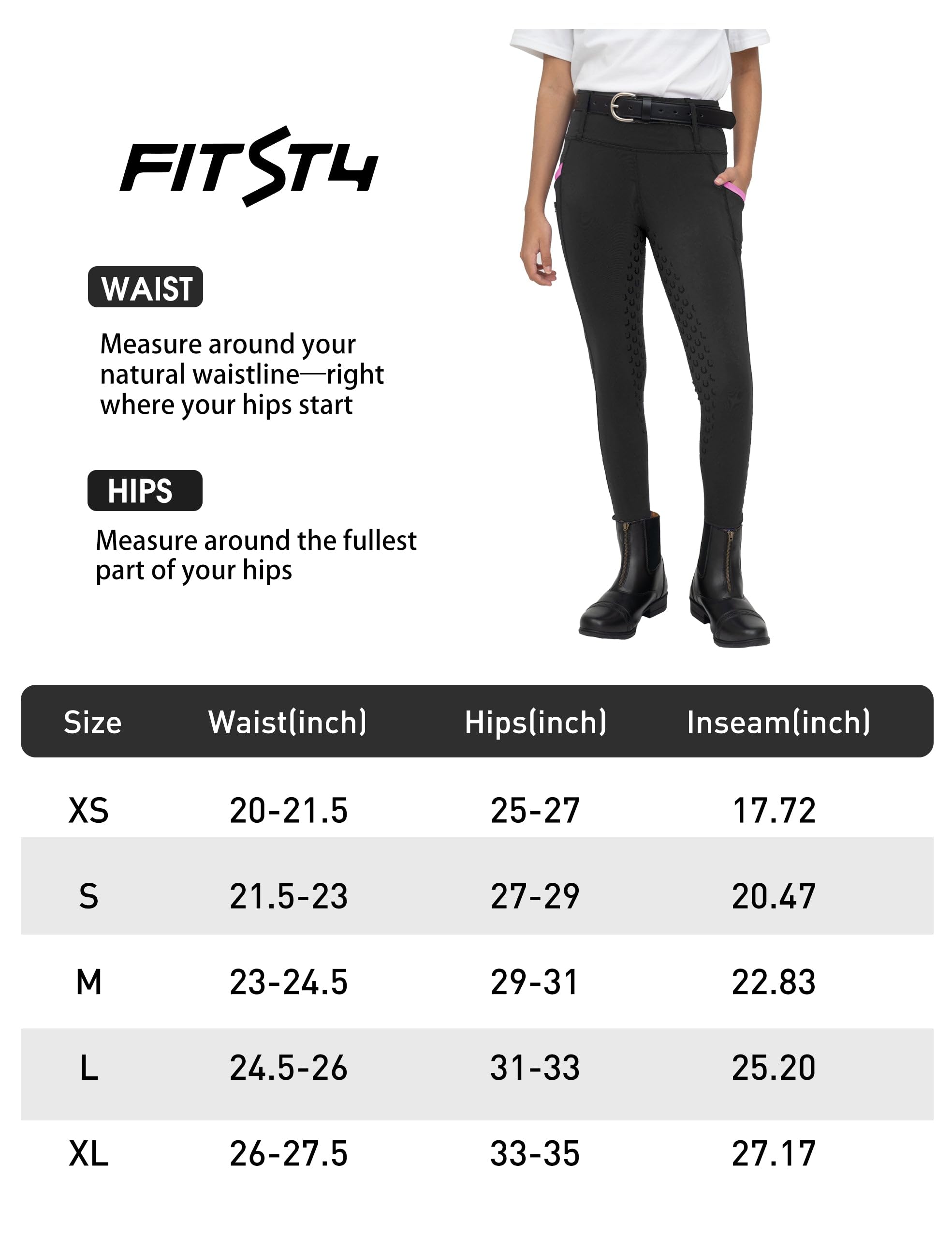FitsT4 Sports Girls Full Seat Riding Tights High Waist Kids Equestrian Breeches Horse Schooling Pants Zipper Pockets — view 7