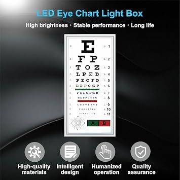 Standard Snellen Eye Chart, LED Eye Chart Light Box, 2.5m Measurement Distance and Remote Dimming, No Fade and No Glare, for Clinics, Schools, Optical Shops