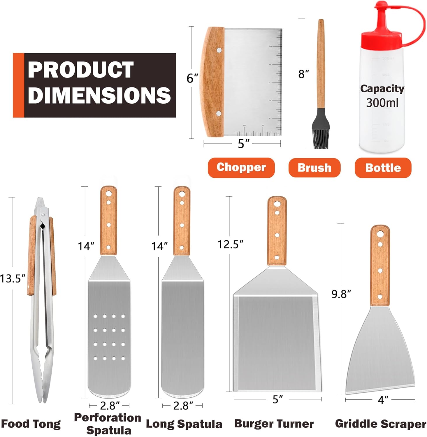 8Pcs Griddle Accessories Kit for Blackstone, Joyfair Flattop Grilling Accessory Tool Set with Stainless Steel burger Spatula Turner, Metal Flipper, For Outdoor BBQ Teppanyaki Hibachi, (Wooden Handles)
