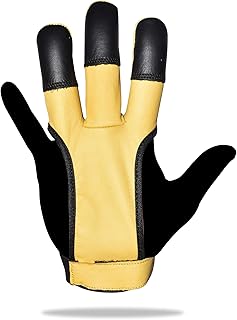 UNIVERSE ARCHERY Leather Archery Glove | Handmade Shooting Hunting Three Finger Gloves | Recurve Bow Archery Cow Hide Leather Gloves | Excellent Fitting |Yellow Glove with Black Leather Tips