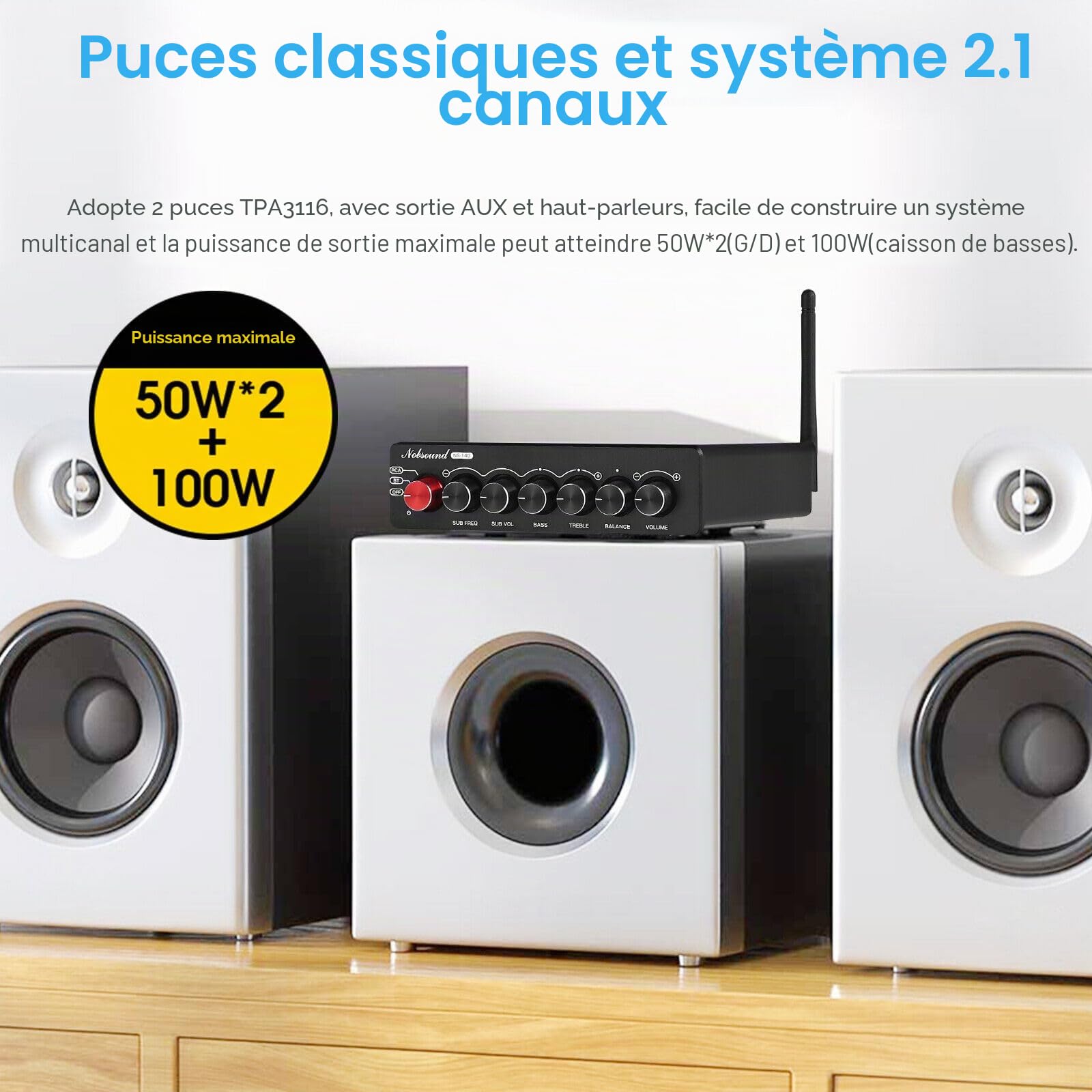 Nobsound NS-14G Bluetooth 5.0 HiFi Stéréo 200W 2.1 Channel Subwoofer Power Amplifier Audio Amplifier Treble Bass Control Home Speaker Car Audio with Power Supply Digital Amplificateur