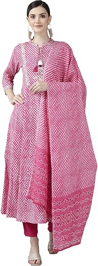 YUFTA Women Blue Lehariya Print Embroidery Kurta With Trousers And Dupatta Set_(9779SKDBL_)