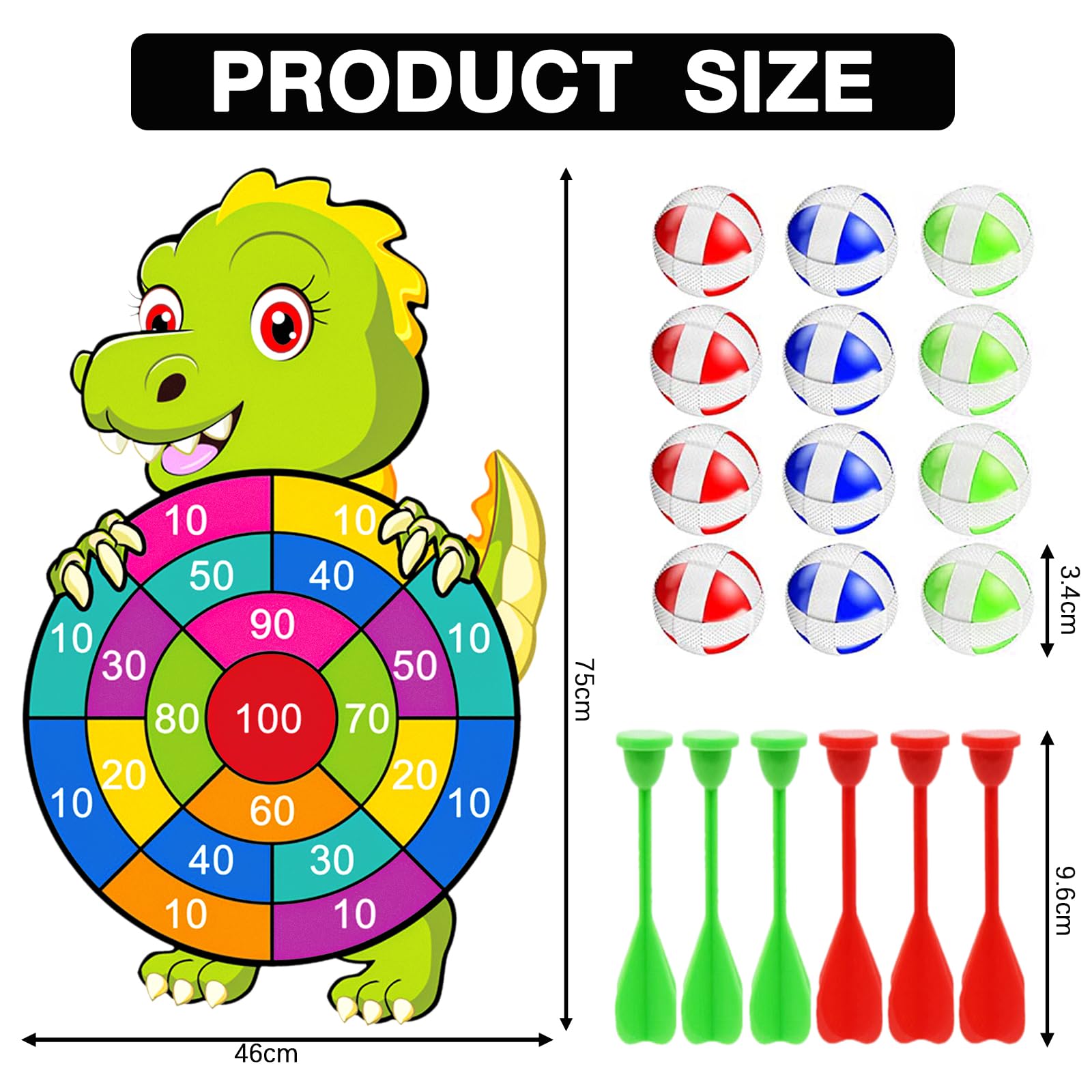 Dinosaurier Klett-Dart Spiel – 77 Cm Große Zielschiebe Mit 12 Bällen, Für Kinder Ab 3 Jahren