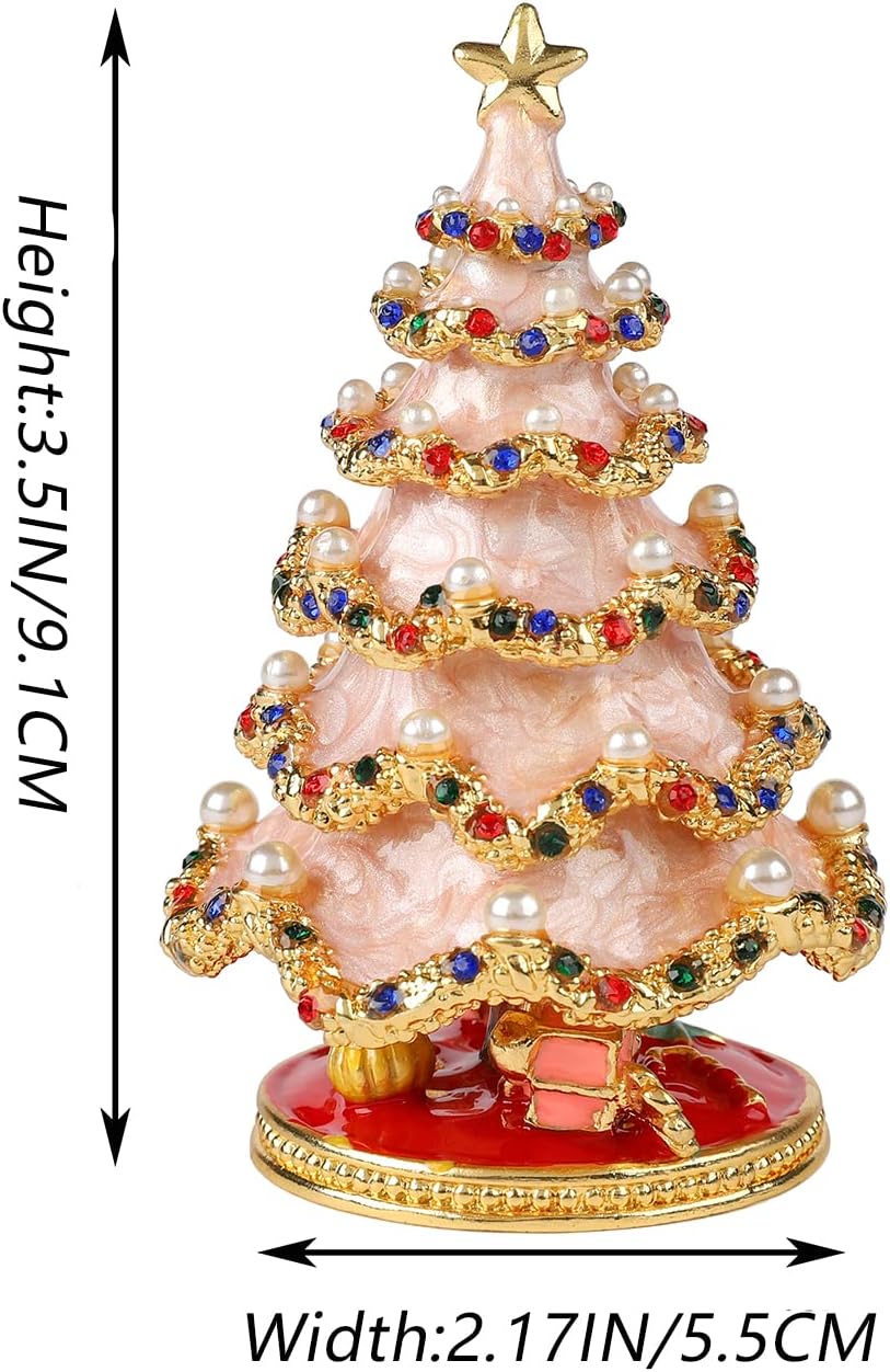 QIFU Classical Pink Christmas Tree Enamel Trinket Box Hinged, Unique Gift for Family
