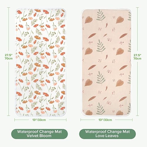 Miniatura 9 de haakaa Forro impermeable para cambiador, 100% algodón, suave y transpirable (2 piezas, 13 x 27.5 pulgadas, flor de terciopelo + hojas de amor)