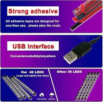 Araba LED Şerit Işığı, 4adet 36 LED DC 12V Çok Renkli Müzik Araba USB İç Aydınlatması Ses Aktif Fonksiyonlu ve Kablosuz Uzaktan Kumandalı Dash Aydınlatma Kiti Altında LED