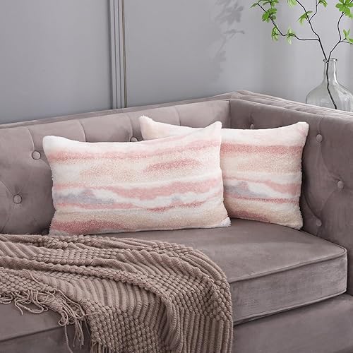 Juego de 2 fundas de almohada lumbares de 12 x 20 pulgadas, color rosa, de pelo sintético, esponjosas, decorativas, bohemias, lujosas, de felpa,