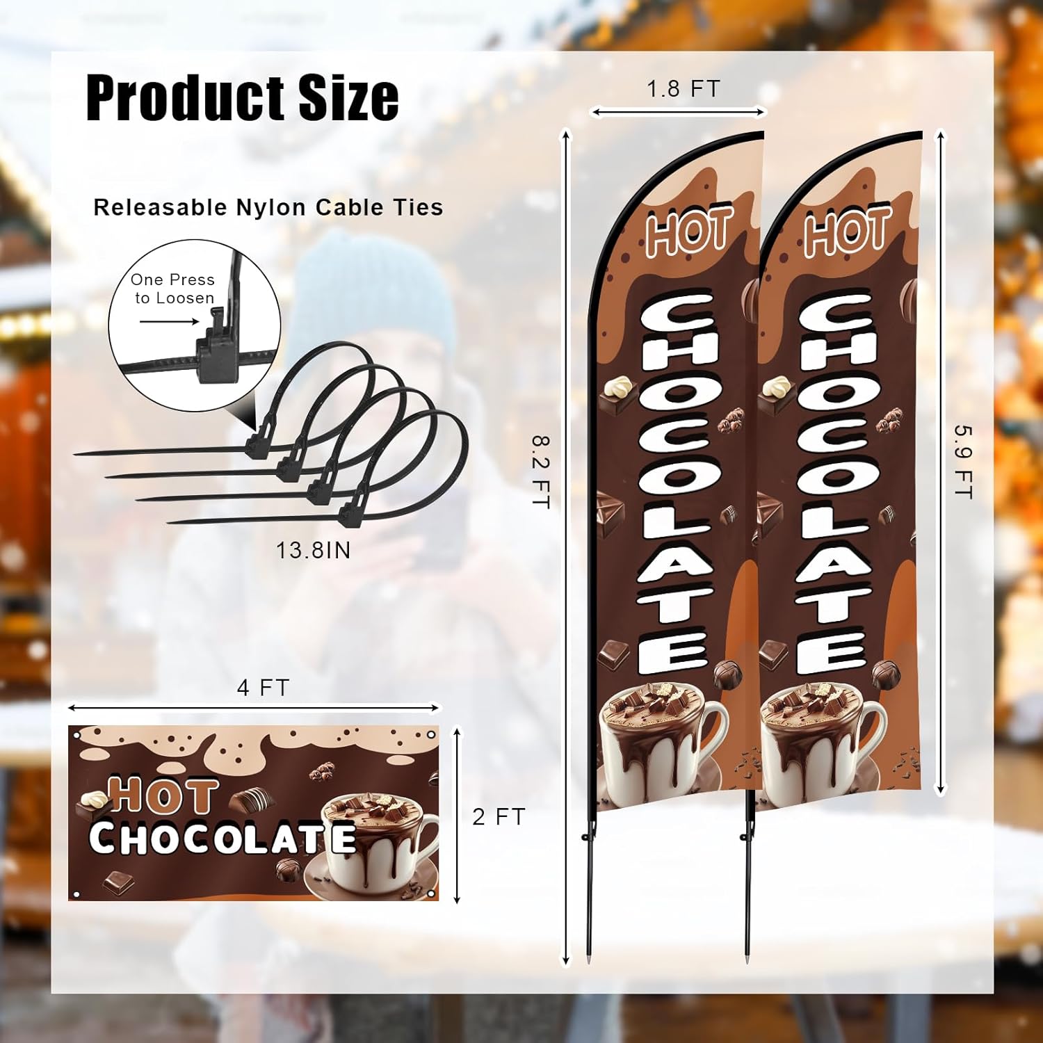 2 Sets Hot Chocolate Feather Flag with Pole Kit, 8.2FT Windless Feather Flag Outdoor Advertising Banner for Business