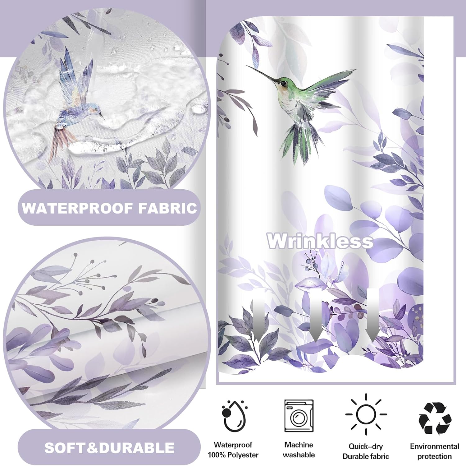 No Hook Shower Curtain with Snap in Liner Set, Purple Hummingbird Eucalyptus Design, Waterproof Fabric Floral Shower Curtains for Bathroom Decor with See Through Mesh Top Window 71x74 Inch