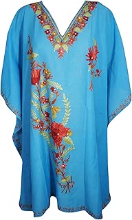 Mogul Interior Women's Kaftan Dress Tunic Cotton Embroidered Short Caftan Dress (Free-Size) Blue