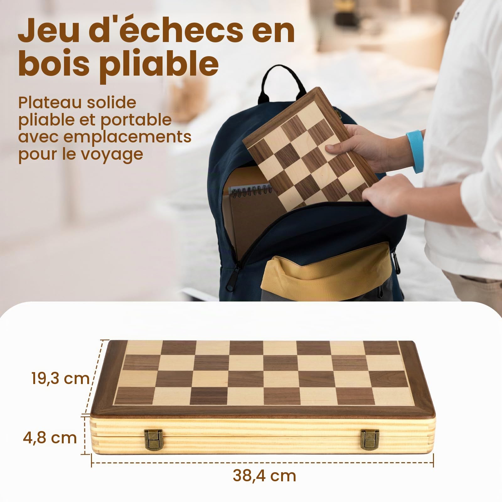 LEAP Jeu d'échecs magnétique en bois pliable de 39,4 cm, pièces d'échecs de 7,6 cm, fentes de rangement magnétiques supérieures pour débutants, adultes avec 2 grands grands lits supplémentaires