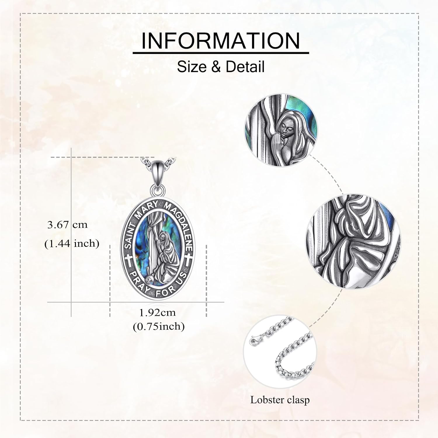 Saint Necklace 925 Sterling Silver Christopher Armor of God/Virgin Mary/Magdalen/7 Arcangel/Joan of Arc/Serenity Prayer Hands/James Pendant Abalone Shell Religious Jewelry Gift Women Men