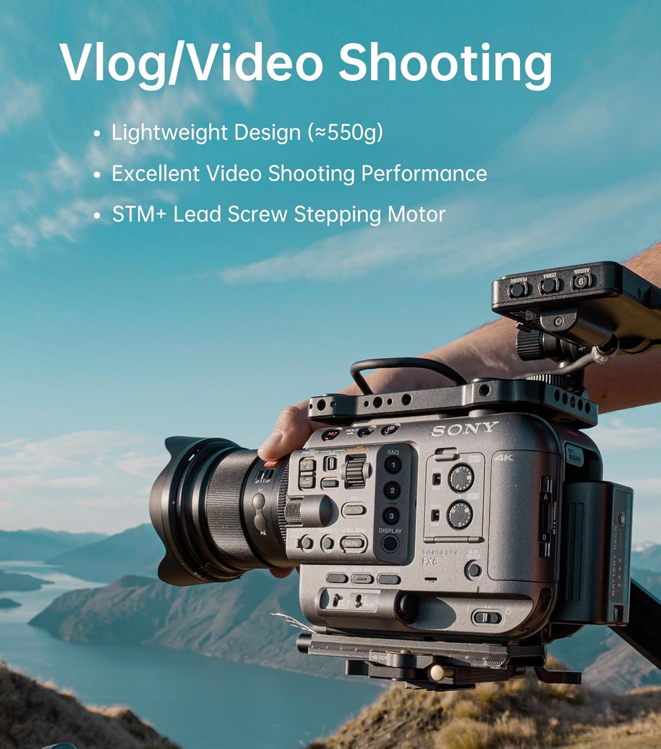 A video camera rig equipped with the VILTROX 16mm F1.8 FE lens, positioned against a scenic outdoor background, illustrating its use for vlog and video shooting.