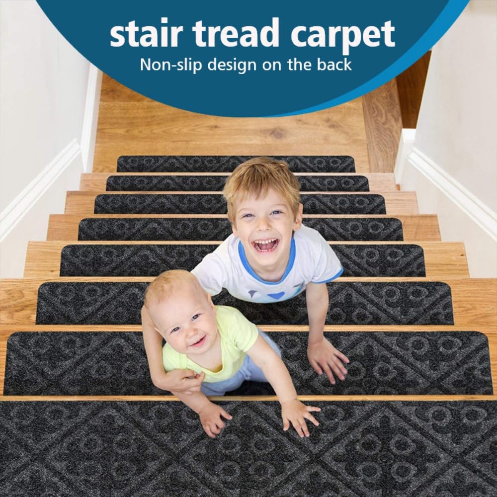 15pcs 8x30in Stair Treads Floor Mat Carpet Mat Soft Stripe Pad Household Bathroom Supplies Non-Slip Stair Mats for Kids Elders and Pets (Black,8x30in)