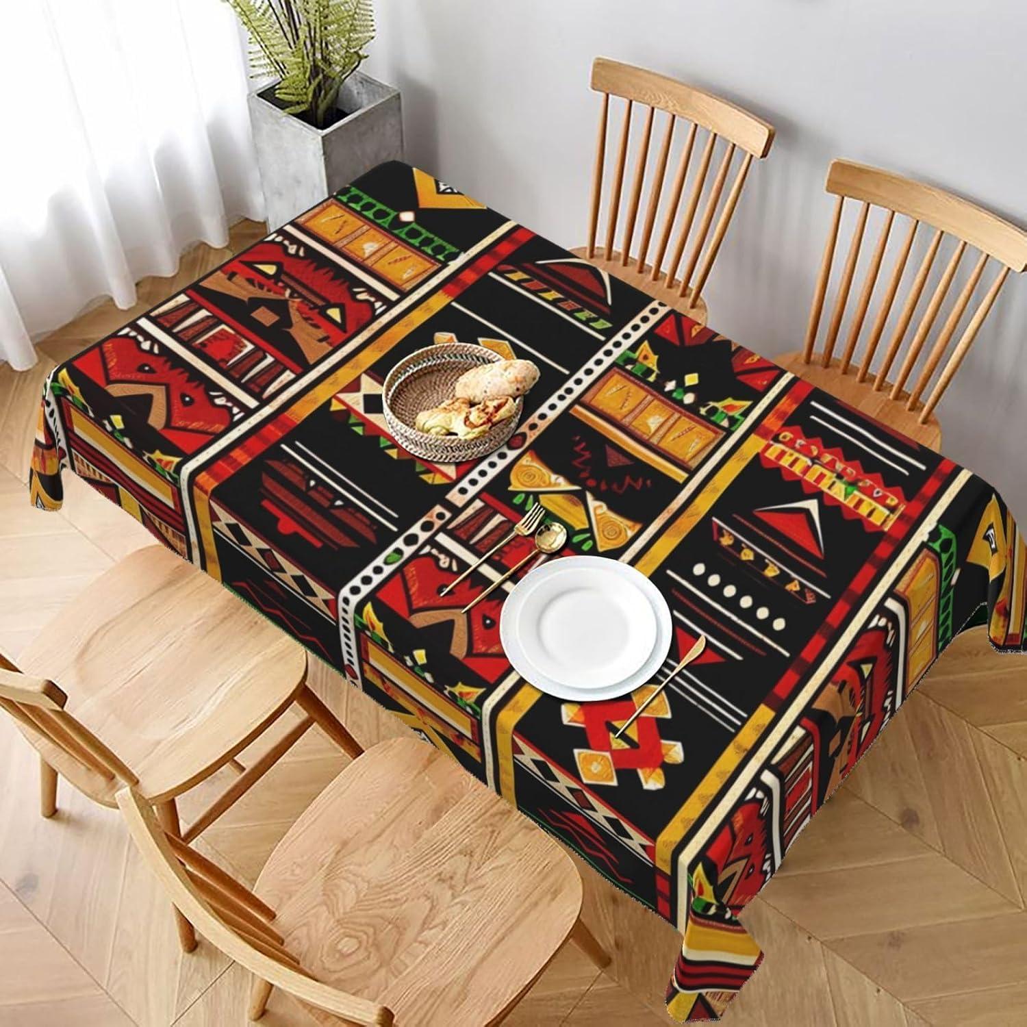 Tovaglia Retrò 300x150 Tovaglia Antimacchia Rettangolare Stile Africano Tovaglie lavabile Motivo Geometrico Copritavolo in Poliestere Impermeabile per Cucina Feste A-7944