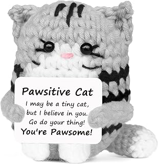 Positive Crochet Cat Mini Animal Emotional Cheer Up Support Gifts, Funny Crochet Mini Handmade Cat for Women Men Friends Mom Daughter Son Teen Birthday Mothers Day Decor Graduation Gifts (Grey)
