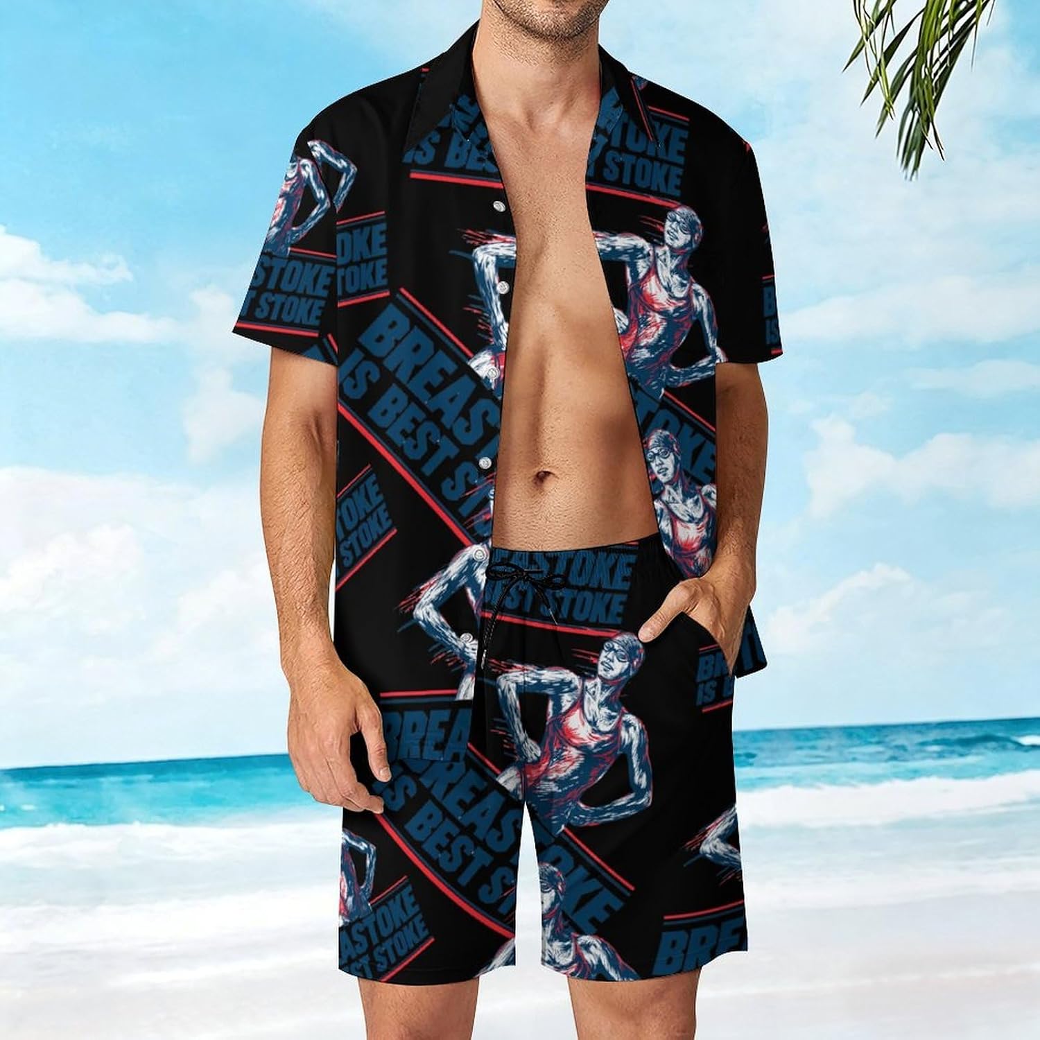 Funny Swimming Breaststroke Men's Summer Beach 2 Piece Outfits | hawaiian button down shirt and shorts,vacation cruise,mens bathing suit