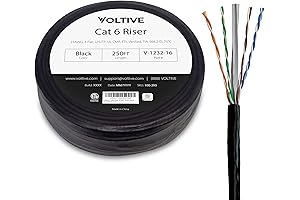  Voltive Cat6 CMR 250ft Black Solid Bare Copper Bulk Ethernet Cable