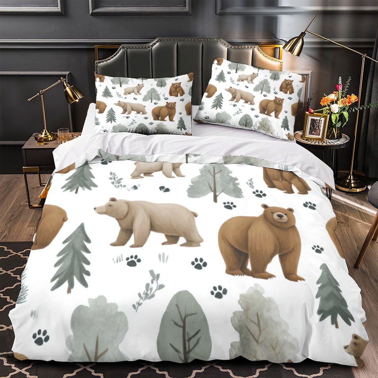 Housse de couette ours 140x200cm en microfibre douce avec parure de lit forêt 3D pour enfant et adulte