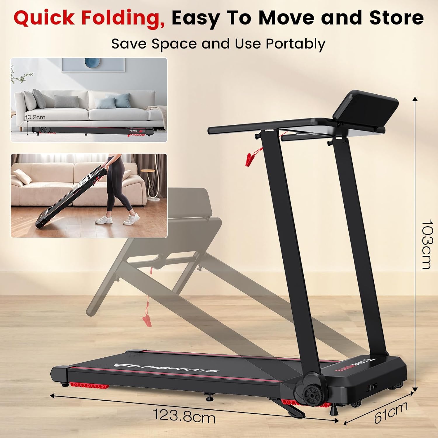 Image demonstrating the quick folding mechanism of the treadmill, showing it in an unfolded state, then partially folded, and finally fully folded and stored flat under a sofa, highlighting its space-saving design.