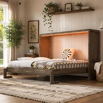 SOFTSEA Full Size Horizontal Murphy Bed with LED Lights, Space-Saving Foldable Wall Bed Cabinet for Small Spaces, Apartment, Studio, Brown