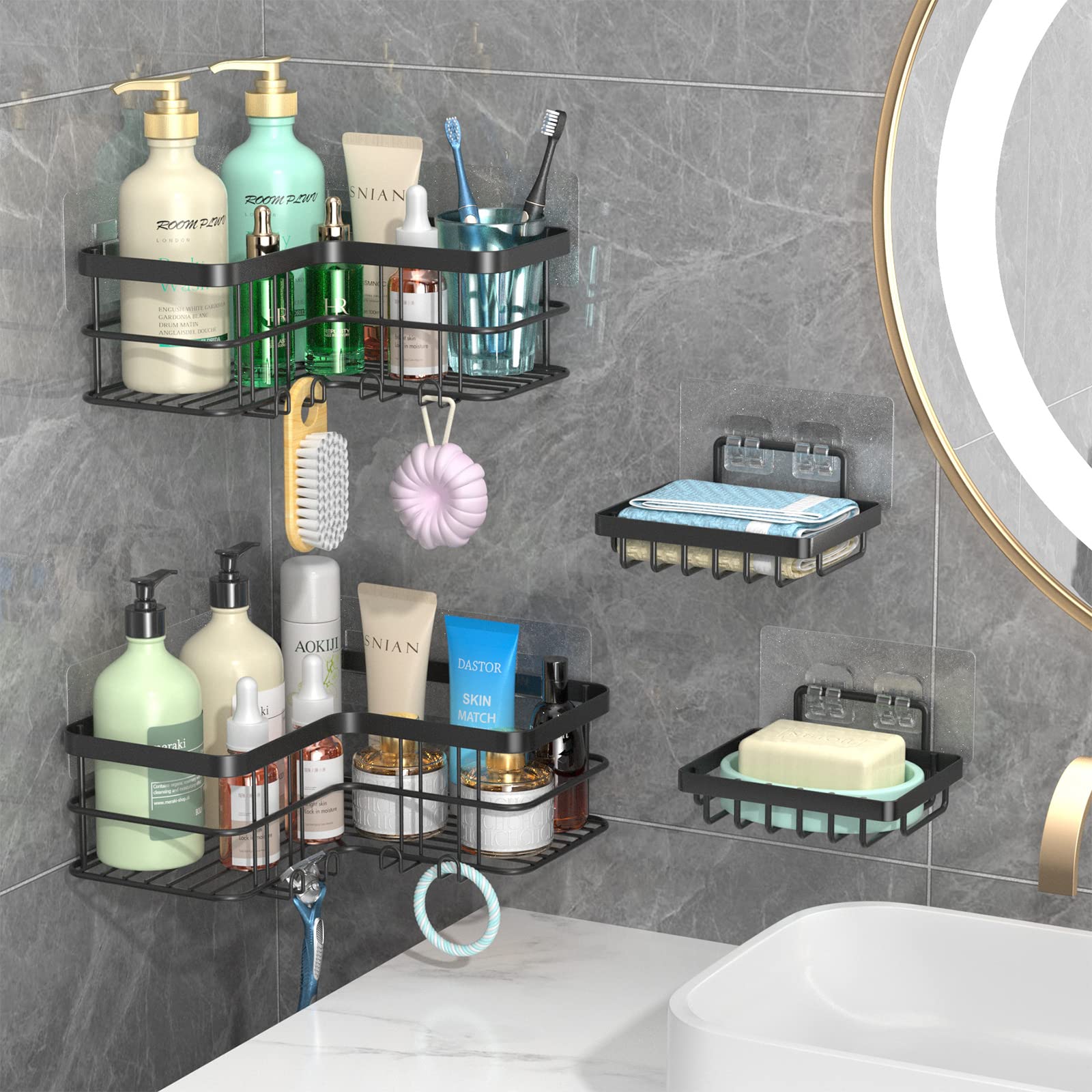 Mensola doccia angolare 4 pezzi – Mensola doccia senza fori con portasapone, organizer da bagno in acciaio inox con 8 ganci per bagno, cucina e soggiorno (nero)