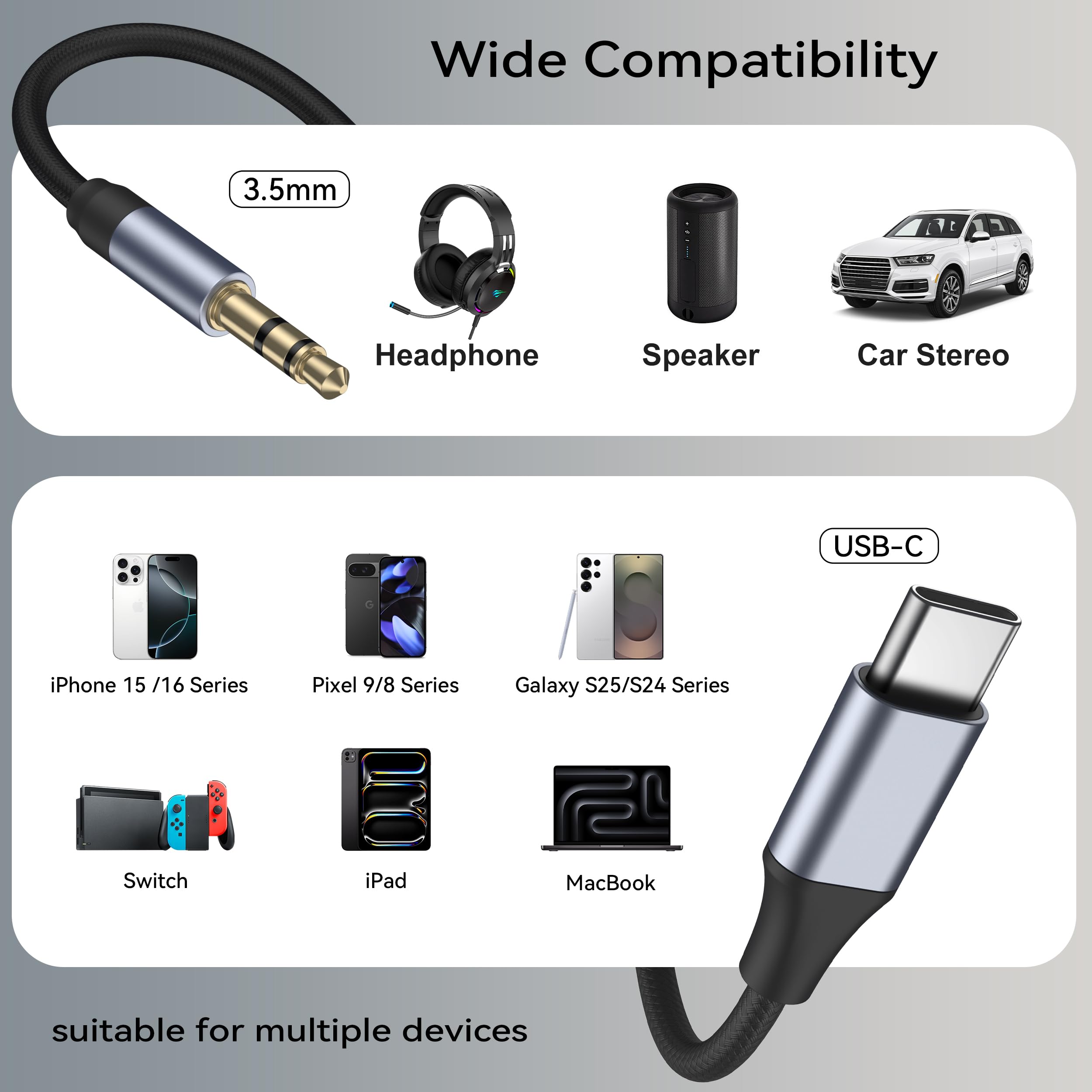 Câble USB C vers 3.5mm Jack DAC Audio AUX pour iPhone 17 16 15 Pro Max, Galaxy S24/S23/S22 Ultra (Noir)