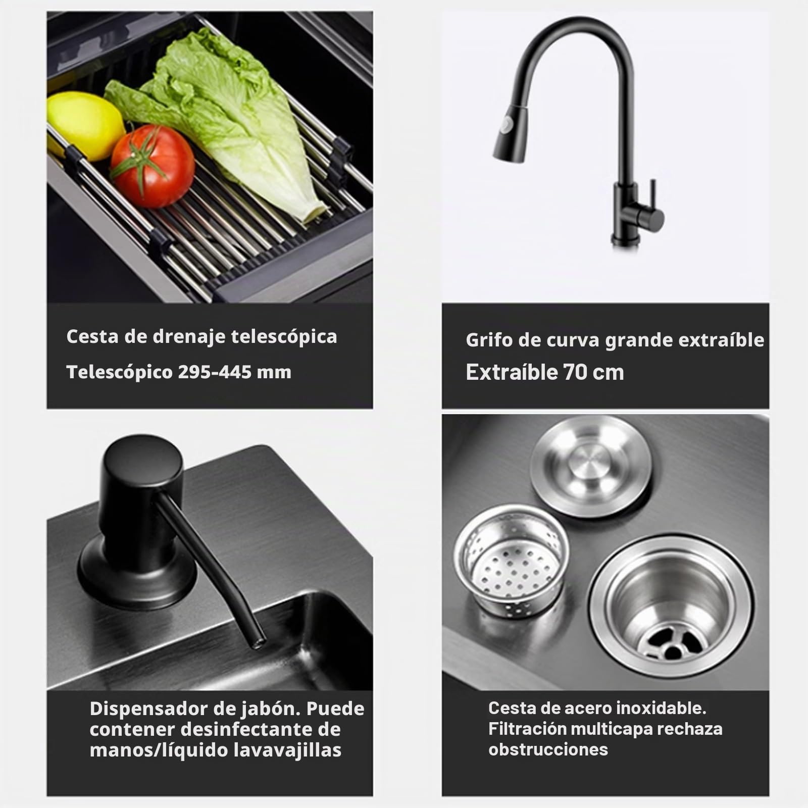 Fregadero De Cocina Negro Fregadero De Dos Senos Fregadero De Gran Capacidad Grifo Negro Acero Inoxidable Grueso Incluidos Los Accesorios (S : 82x45x21cm)