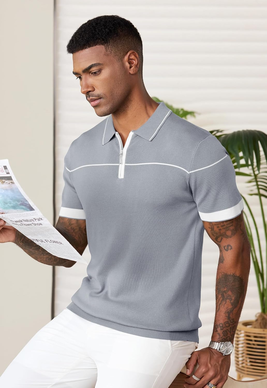 Men Quarter Zip Lyocell Knit Polo Dress Collared Stripe Shirts(S-XXL)