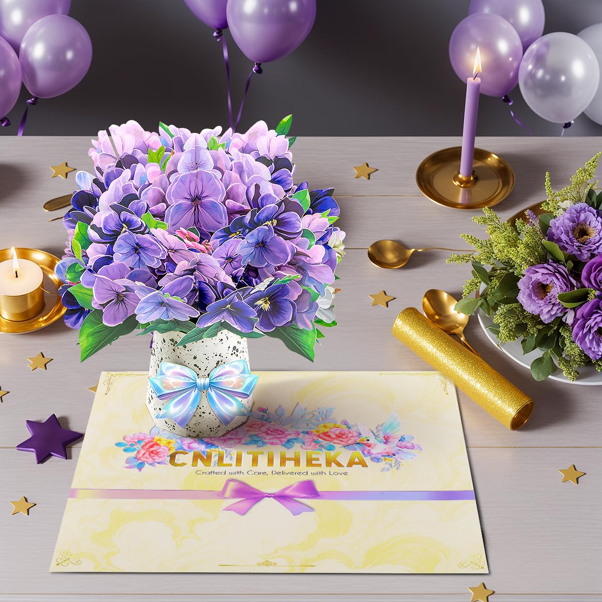 CNLITIHEKA Violet Flower Bouquet Pop Up Cards, Valentine's Day Card, Mother's Day Pop Up Flower Card - Image 4