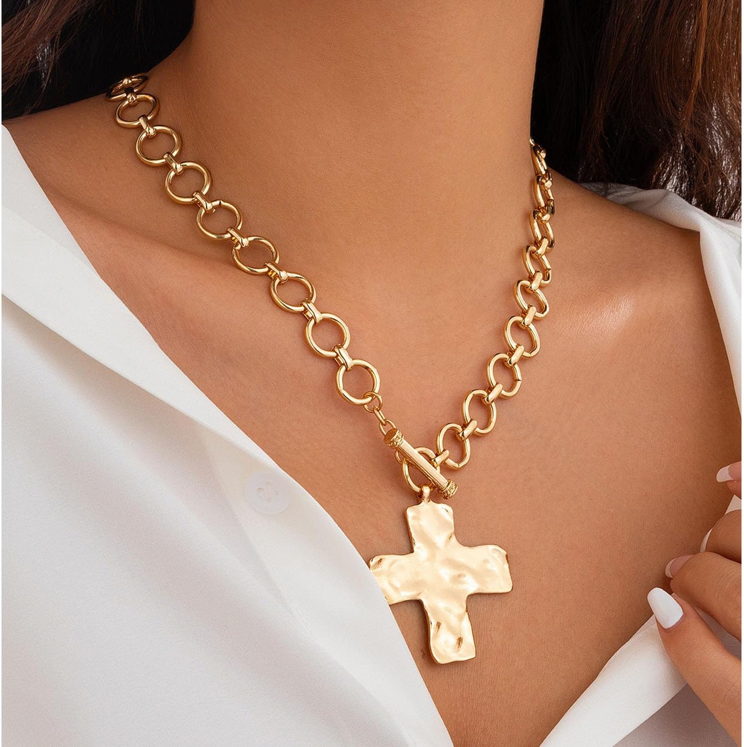 Chunky Gold Necklace for Women Bold Thick Cross Necklace Gold Statement Necklace for Women Vintage Jewelry - Image 6