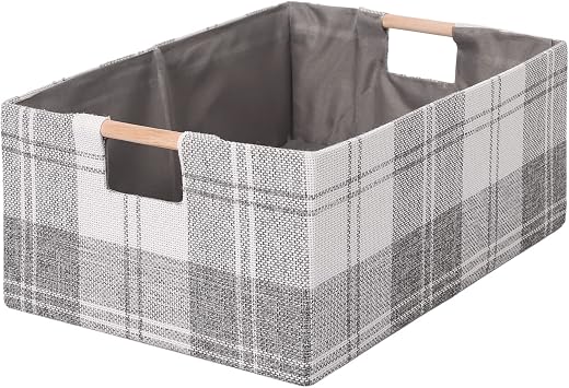 Fabric Storage Box, 13x9in Foldable Cotton Linen Basket with Wooden Handle | Small Rectangular Cube Decorative Home Laundry Organizer Clothes Blanket Container Organizing Clothes Sheet, Light Gray Plaid