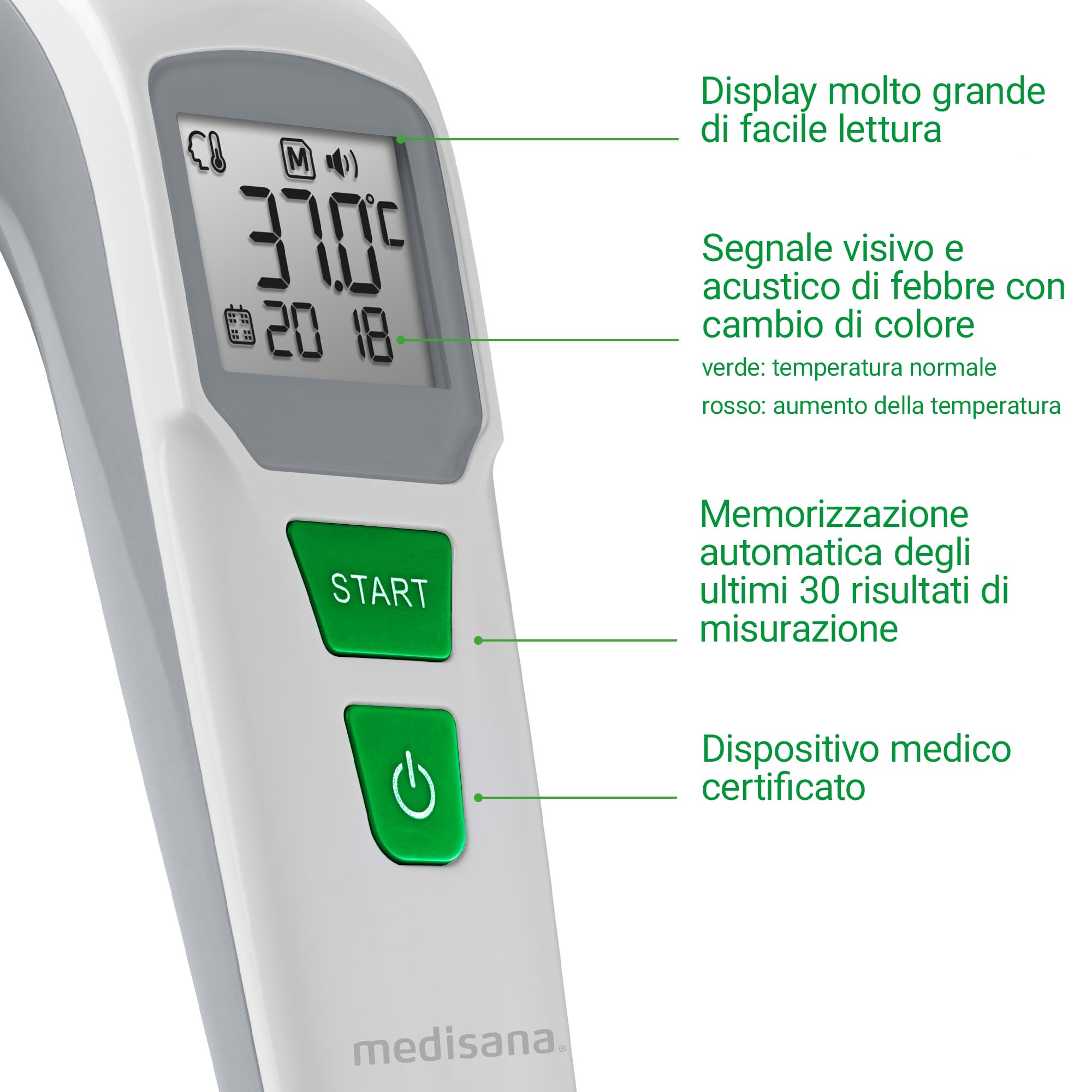 medisana TM 762 termometro digitale da fronte termometro clinico per neonati, bambini e adulti con allarme visivo della febbre, funzione di memoria e misurazione dei liquidi