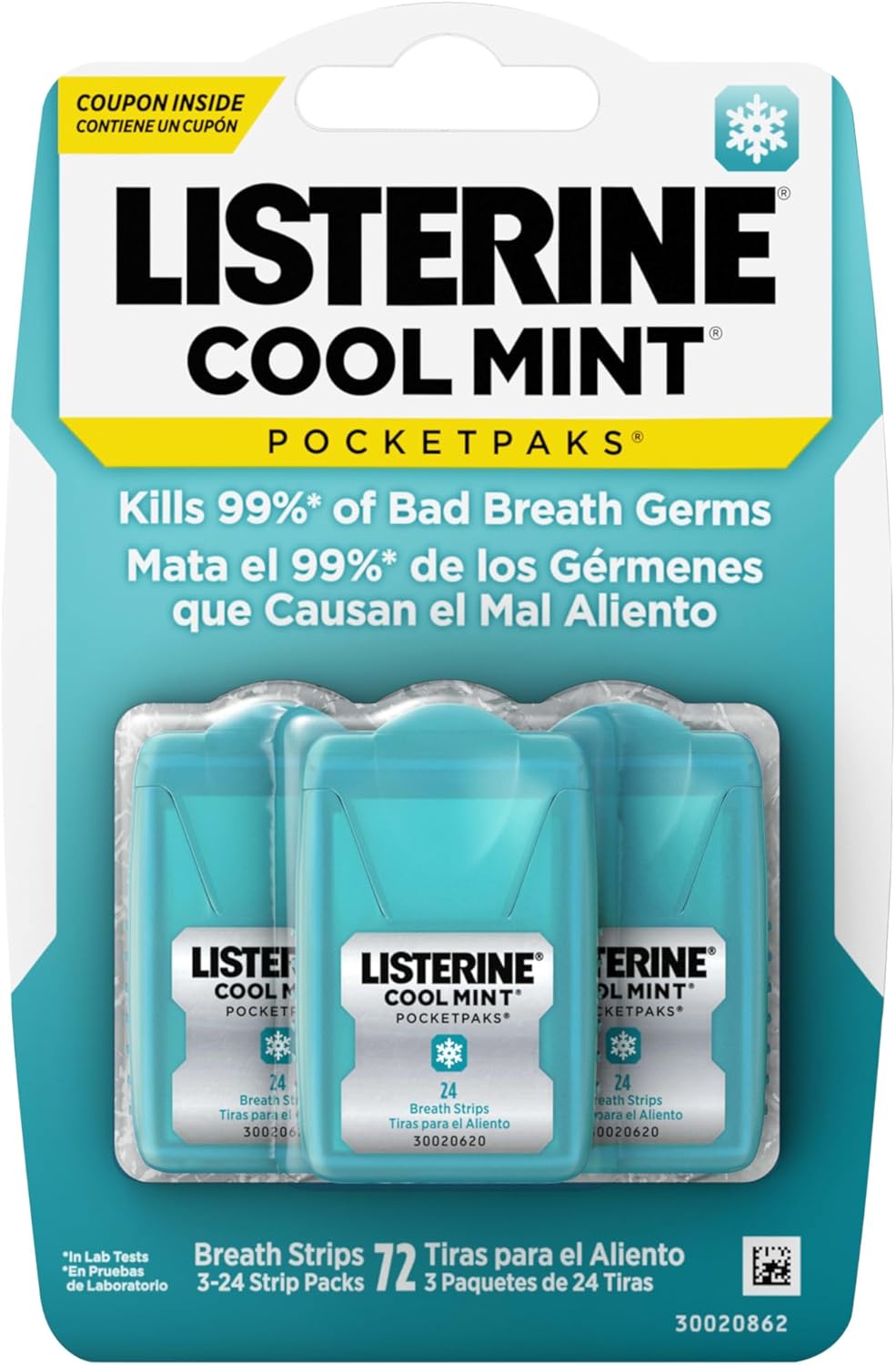 Listerine Cool Mint Pocketpaks Breath Strips Kills Bad Breath Germs, 24-Strip Pack, 3 Pack