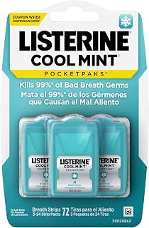Listerine PocketPaks Cool Mint Breath Strips: Kill 99% Bad Breath Germs, Portable Dissolving Strips, Sugar Free, 72 Strips (3 Packs)