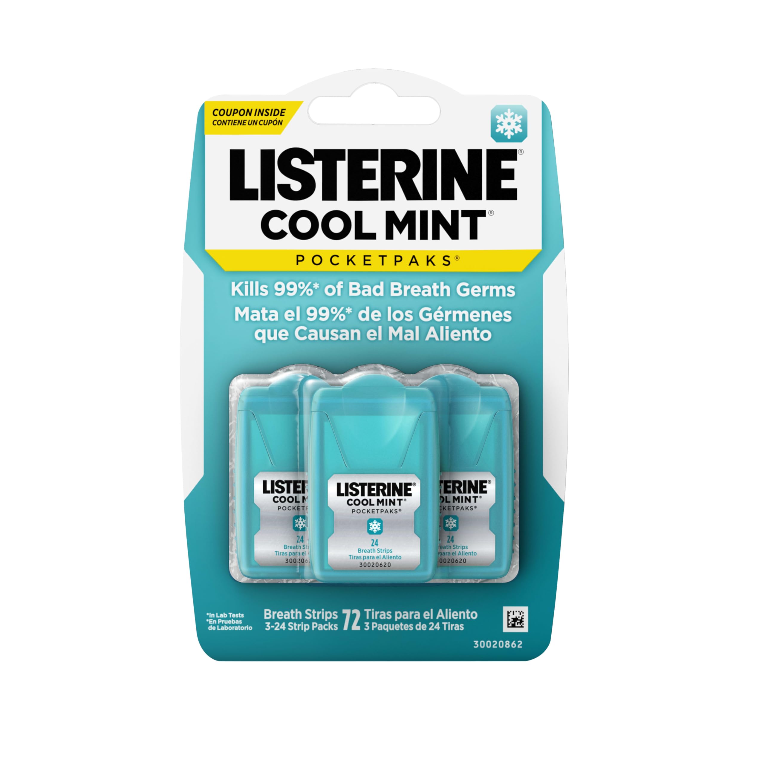 Listerine PocketPaks Cool Mint Breath Strips, Portable Pocket-Sized Oral Care Mouth Freshener, Dissolving Strips Kill 99% of Bad Breath Germs, Sugar Free, 3 x 24-Strip PacksListerine PocketPaks Cool Mint Breath Strips, Portab…