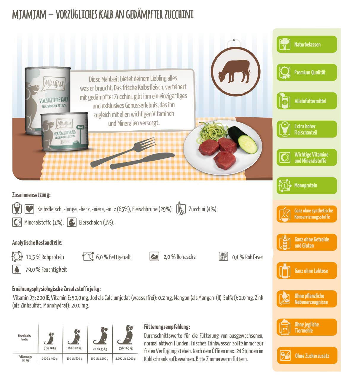 MjAMjAM - cibo umido premium per cani - ottimo vitello con zucchine al vapore, confezione da 6 (6 x 400 g), senza cereali con carne extra